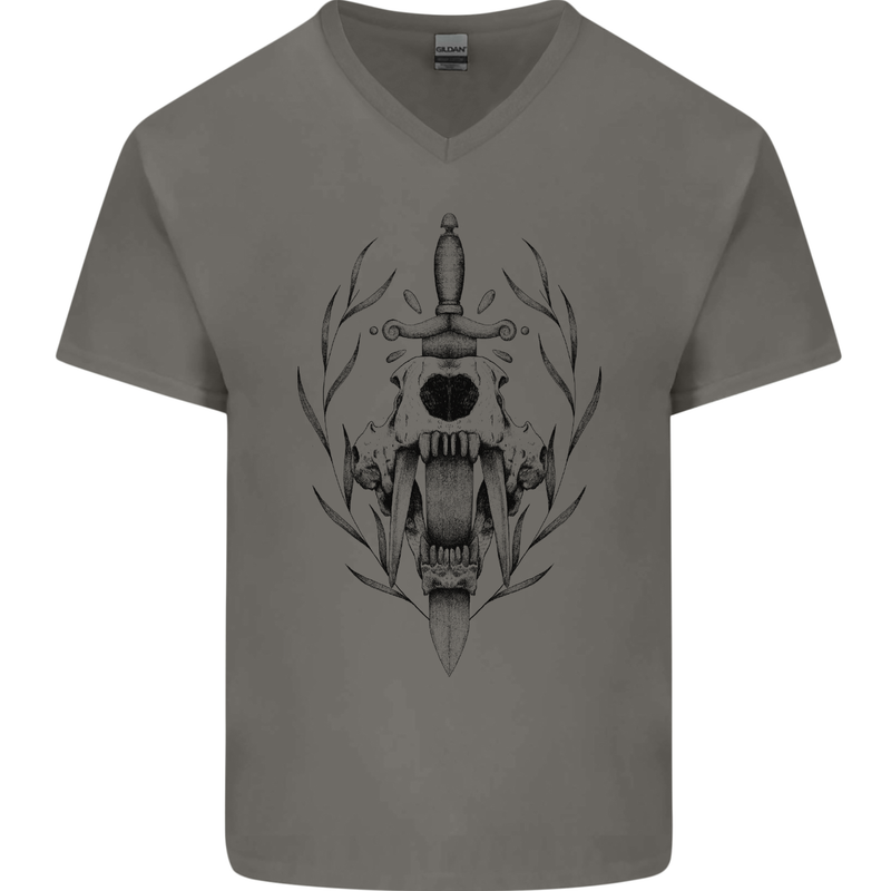Sabre Tooth Tiger Skull Sword Mens V-Neck Cotton T-Shirt Charcoal