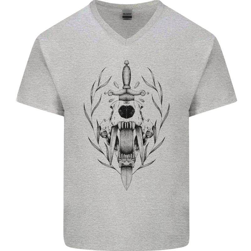 Sabre Tooth Tiger Skull Sword Mens V-Neck Cotton T-Shirt Sports Grey