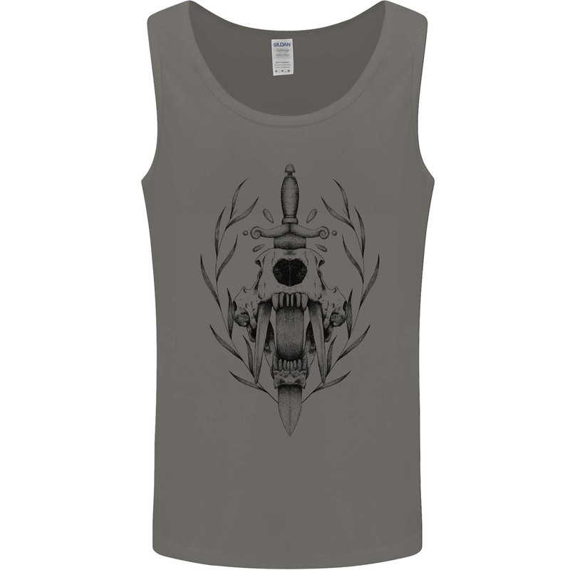 Sabre Tooth Tiger Skull Sword Mens Vest Tank Top Charcoal