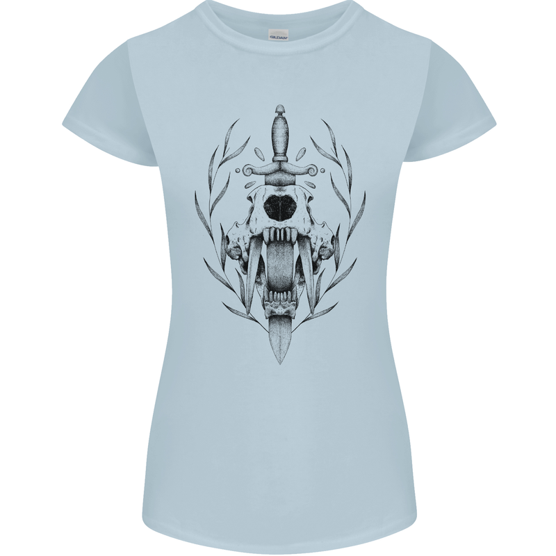 Sabre Tooth Tiger Skull Sword Womens Petite Cut T-Shirt Light Blue