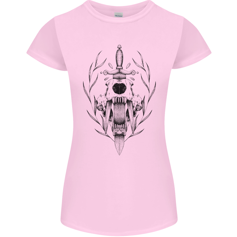 Sabre Tooth Tiger Skull Sword Womens Petite Cut T-Shirt Light Pink