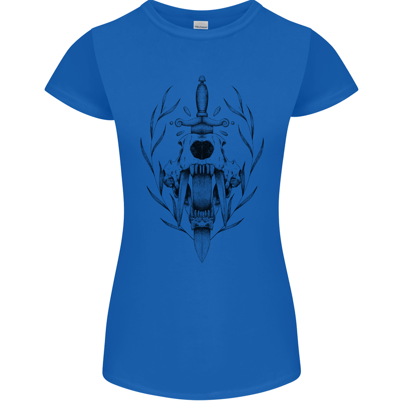 Sabre Tooth Tiger Skull Sword Womens Petite Cut T-Shirt Royal Blue