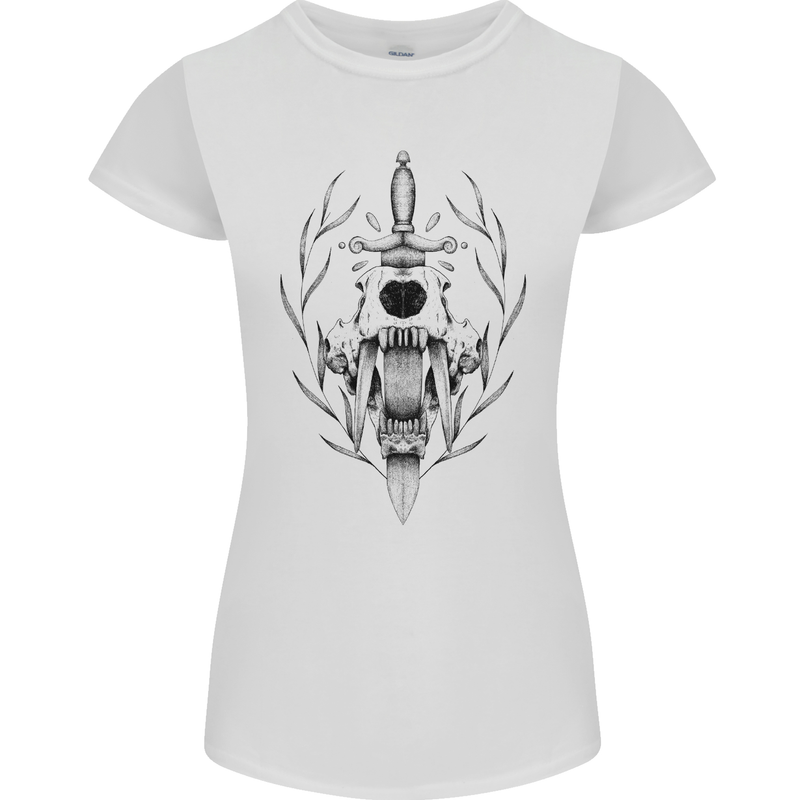 Sabre Tooth Tiger Skull Sword Womens Petite Cut T-Shirt White