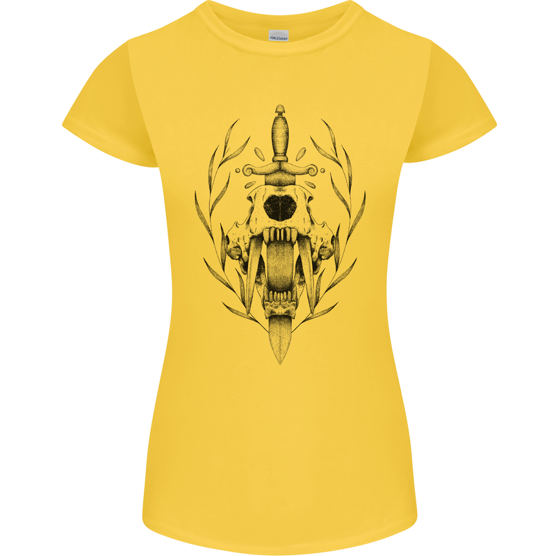 Sabre Tooth Tiger Skull Sword Womens Petite Cut T-Shirt Yellow