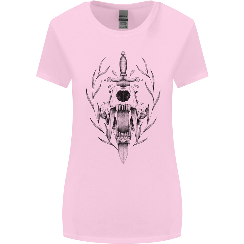 Sabre Tooth Tiger Skull Sword Womens Wider Cut T-Shirt Light Pink