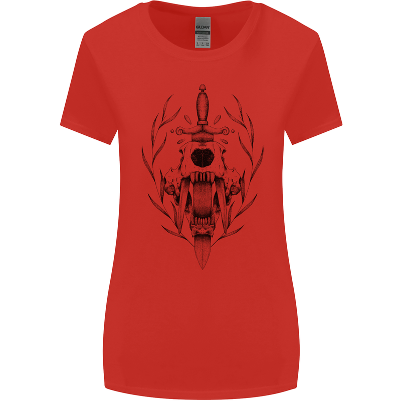Sabre Tooth Tiger Skull Sword Womens Wider Cut T-Shirt Red
