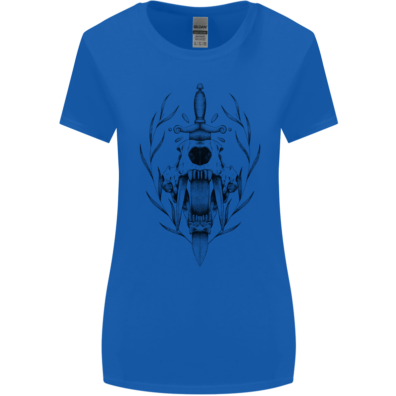 Sabre Tooth Tiger Skull Sword Womens Wider Cut T-Shirt Royal Blue