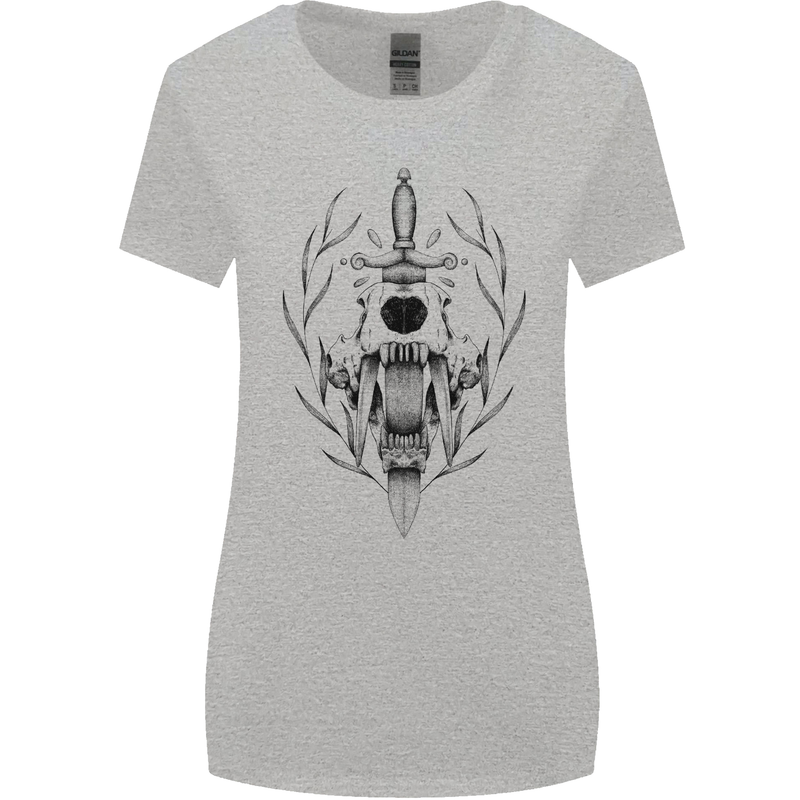 Sabre Tooth Tiger Skull Sword Womens Wider Cut T-Shirt Sports Grey