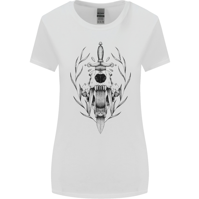 Sabre Tooth Tiger Skull Sword Womens Wider Cut T-Shirt White