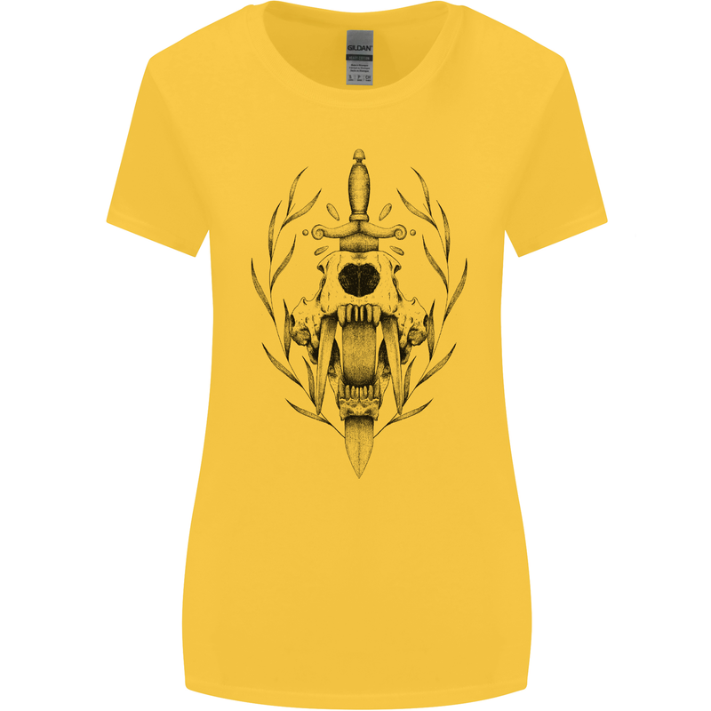 Sabre Tooth Tiger Skull Sword Womens Wider Cut T-Shirt Yellow