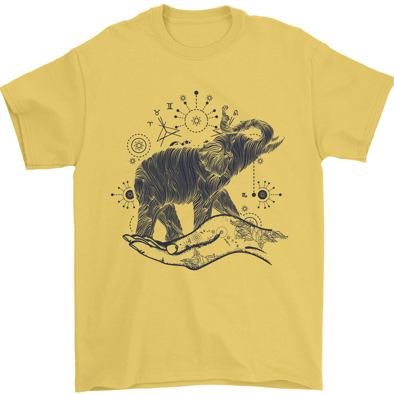 Sacral Style Elephant Meditation Tattoo Art Mens T-Shirt Cotton Gildan Yellow