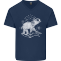 Sacral Style Elephant Meditation Tattoo Art Mens V-Neck Cotton T-Shirt Navy Blue