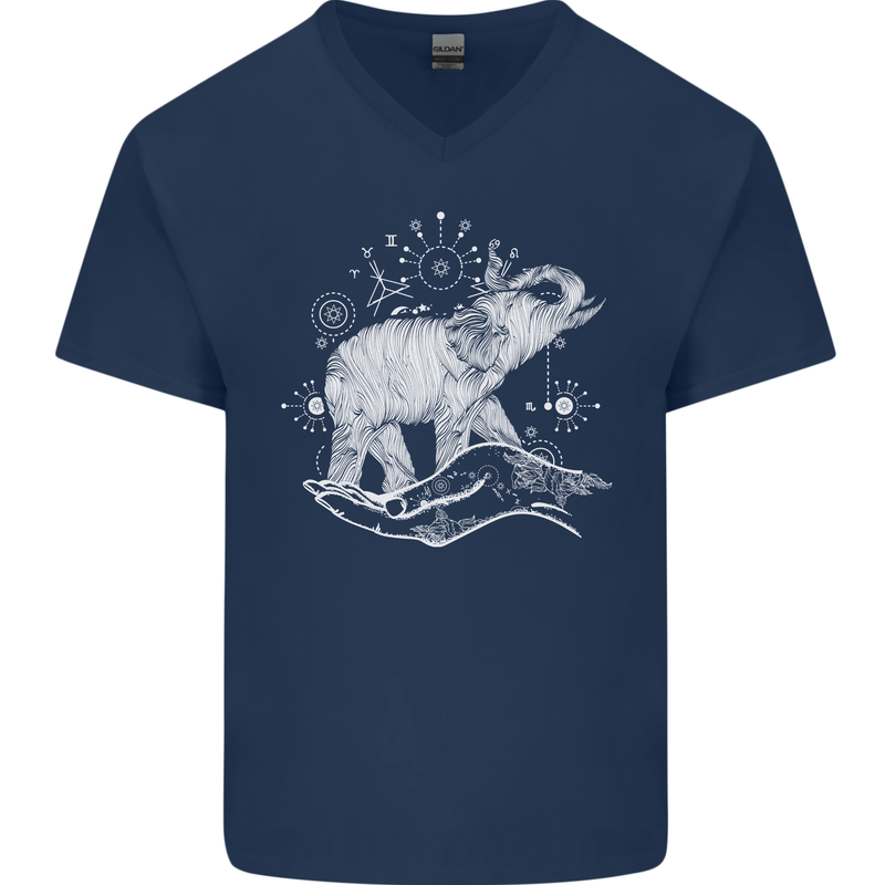 Sacral Style Elephant Meditation Tattoo Art Mens V-Neck Cotton T-Shirt Navy Blue