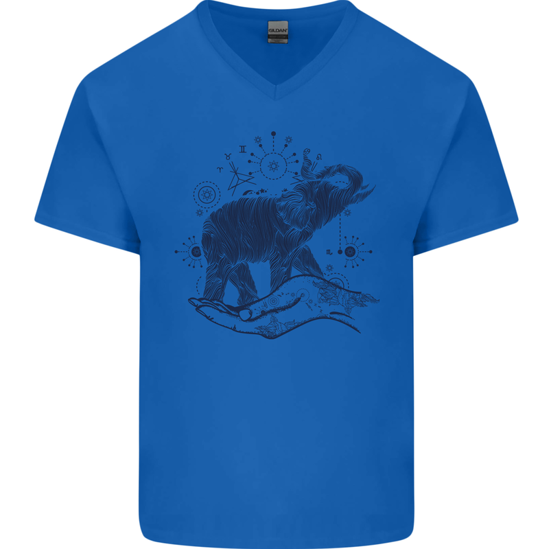 Sacral Style Elephant Meditation Tattoo Art Mens V-Neck Cotton T-Shirt Royal Blue