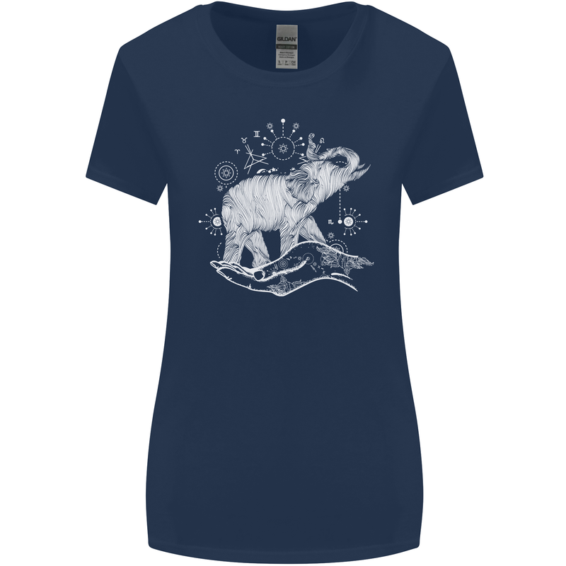 Sacral Style Elephant Meditation Tattoo Art Womens Wider Cut T-Shirt Navy Blue