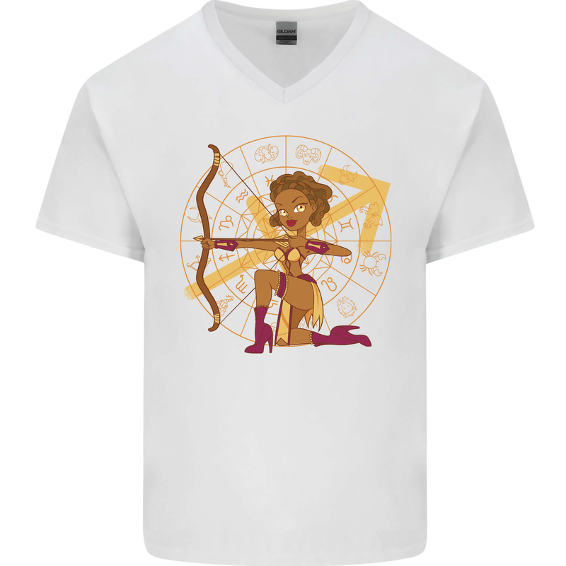 Sagittarius Female Archer Star Sign Mens V-Neck Cotton T-Shirt White