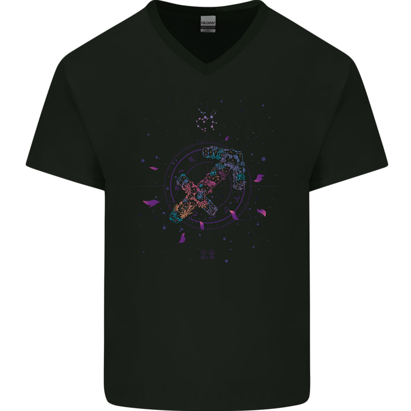 Sagittarius Star Sign Zodiac Astrological Mens V-Neck Cotton T-Shirt Black