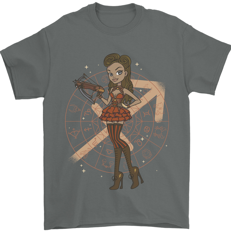 Sagittarius Steampunk Woman Zodiac Mens T-Shirt 100% Cotton Charcoal