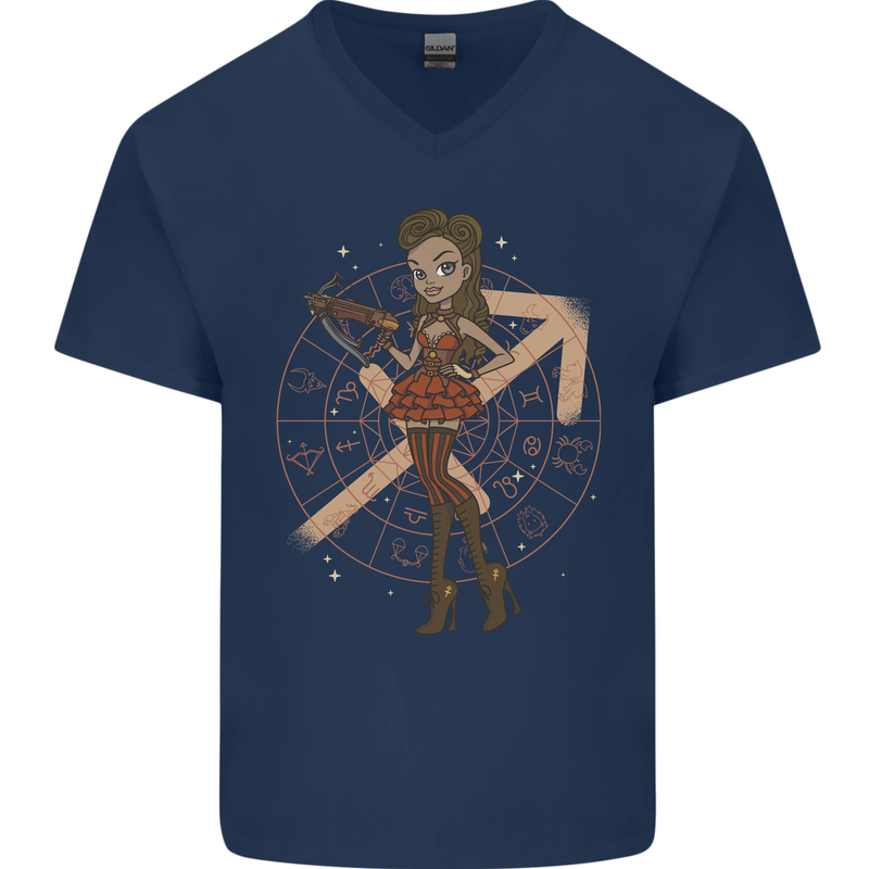 Sagittarius Steampunk Woman Zodiac Mens V-Neck Cotton T-Shirt Navy Blue