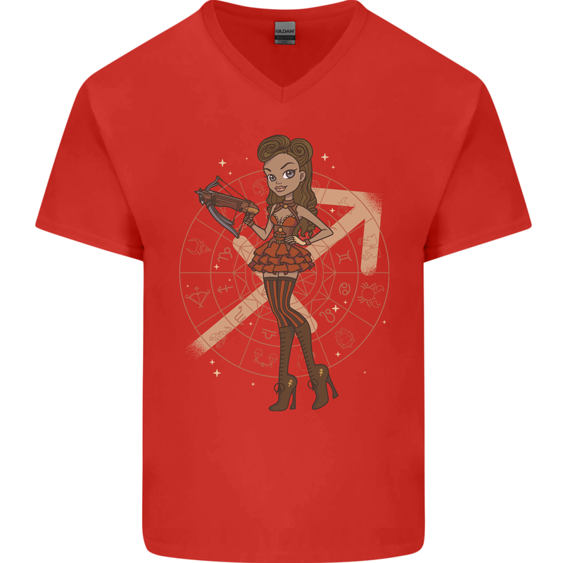 Sagittarius Steampunk Woman Zodiac Mens V-Neck Cotton T-Shirt Red