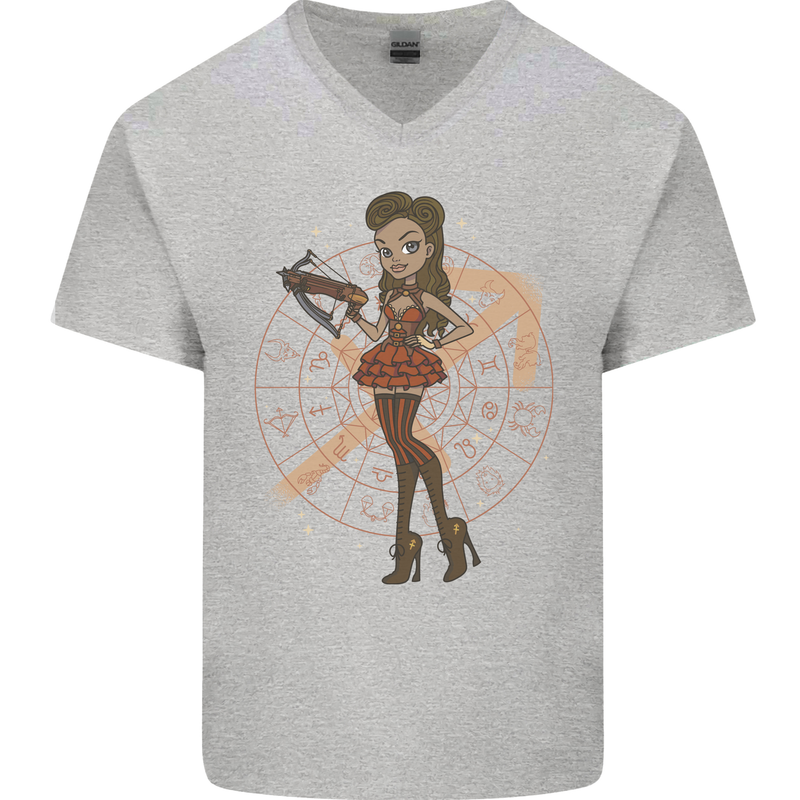 Sagittarius Steampunk Woman Zodiac Mens V-Neck Cotton T-Shirt Sports Grey