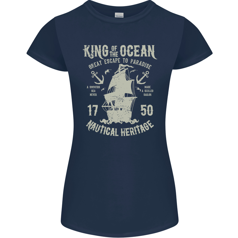 Sailing King of the Ocean Sailor Boat Womens Petite Cut T-Shirt Navy Blue