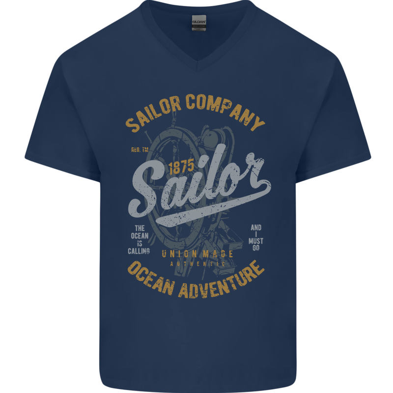 Sailor Company Sailing Boat Yacht Speedboat Mens V-Neck Cotton T-Shirt Navy Blue