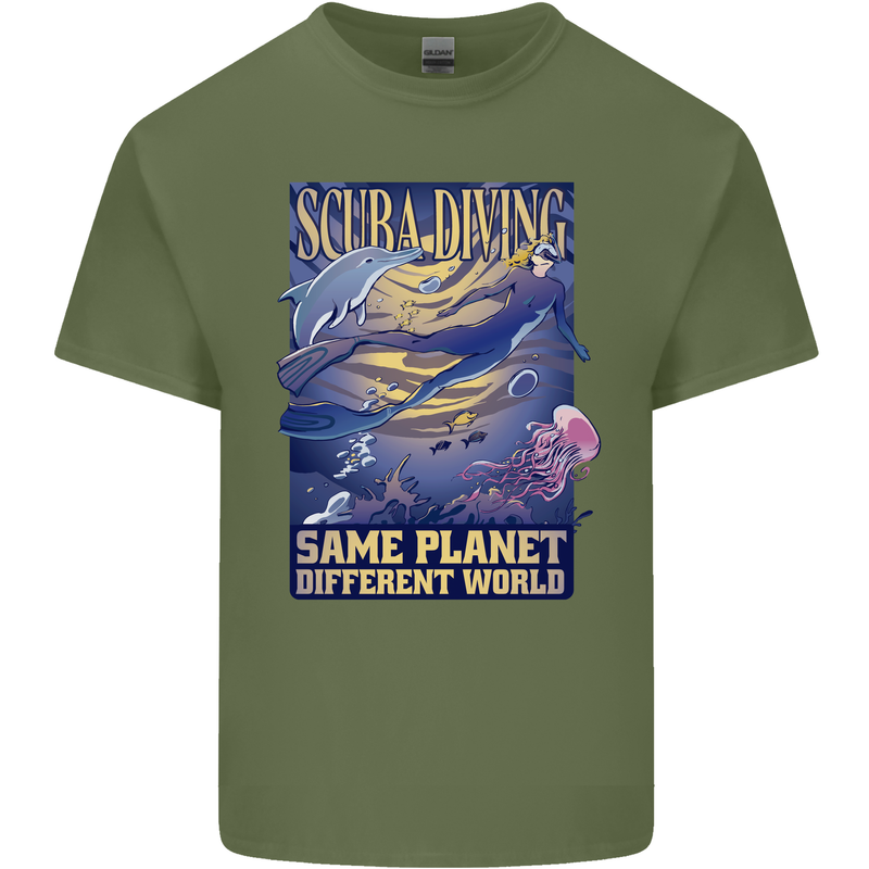 Same Planet Different World Mens Cotton T-Shirt Tee Top Military Green