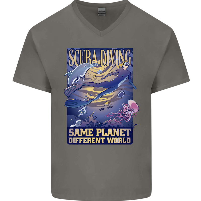 Same Planet Different World Mens V-Neck Cotton T-Shirt Charcoal