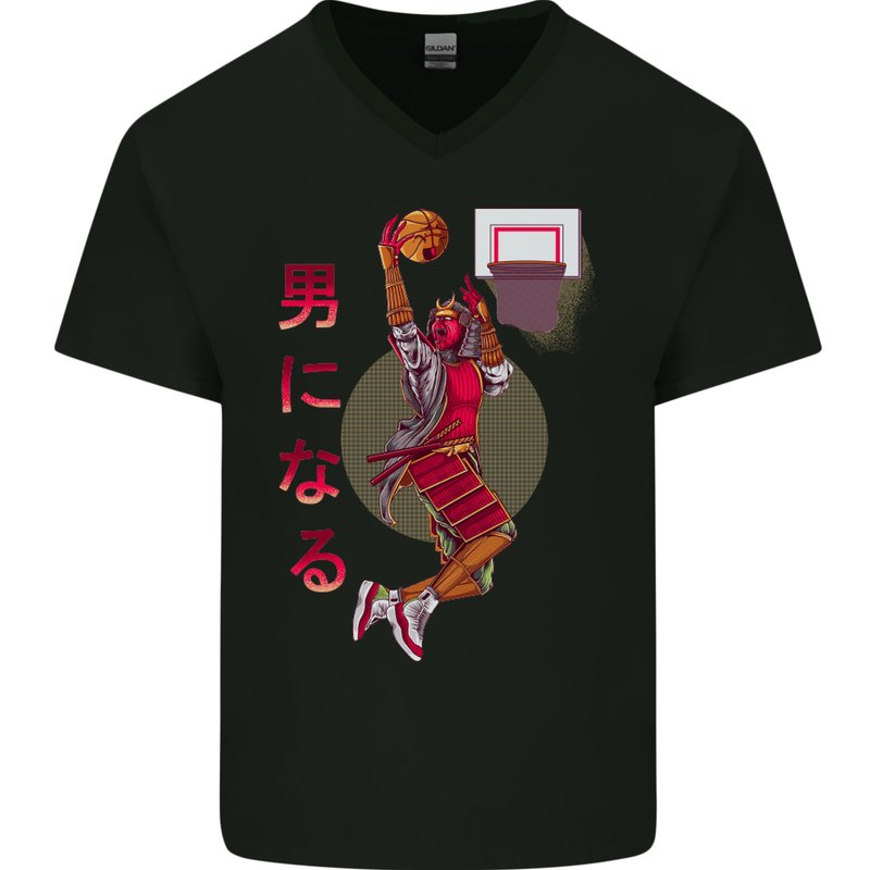 Samurai Basketball Player Mens V-Neck Cotton T-Shirt Black