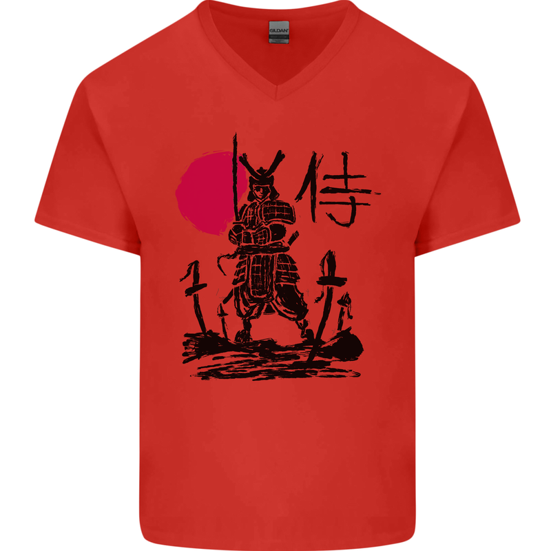 Samurai Battle MMA Kenjutsu Kendo Iaido Mens V-Neck Cotton T-Shirt Red