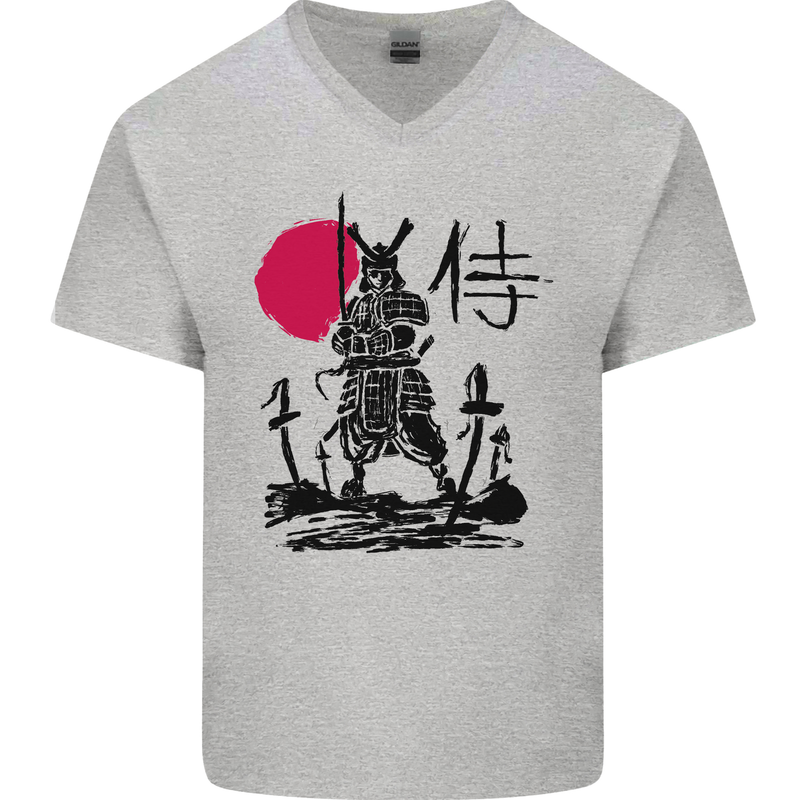 Samurai Battle MMA Kenjutsu Kendo Iaido Mens V-Neck Cotton T-Shirt Sports Grey