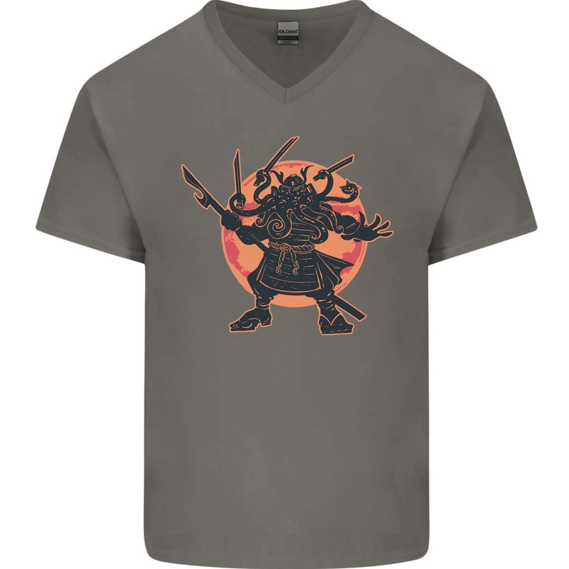 Samurai Cthulhu Kraken Mens V-Neck Cotton T-Shirt Charcoal