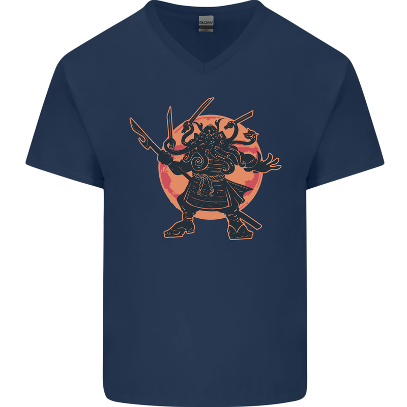 Samurai Cthulhu Kraken Mens V-Neck Cotton T-Shirt Navy Blue