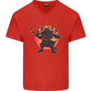 Samurai Cthulhu Kraken Mens V-Neck Cotton T-Shirt Red