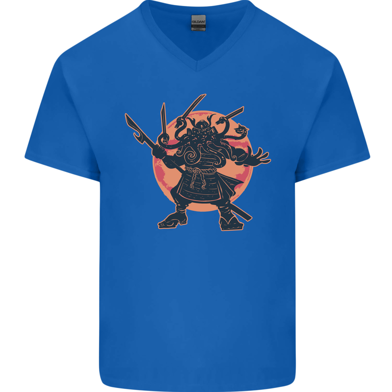 Samurai Cthulhu Kraken Mens V-Neck Cotton T-Shirt Royal Blue
