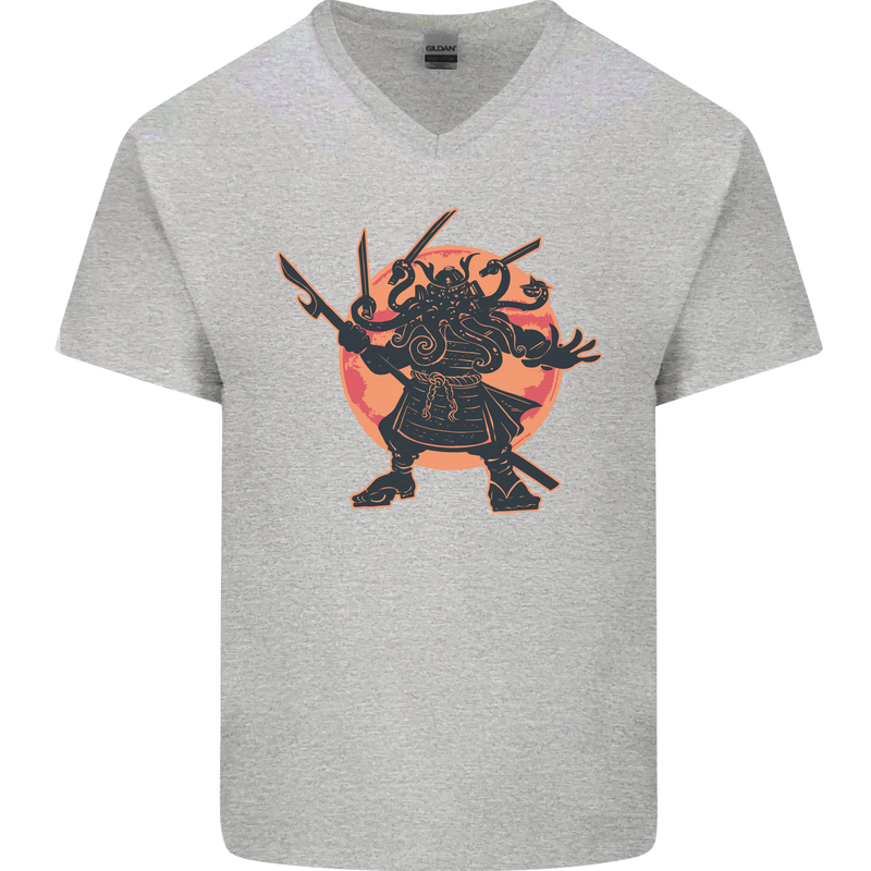 Samurai Cthulhu Kraken Mens V-Neck Cotton T-Shirt Sports Grey