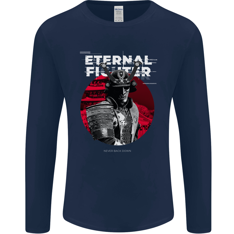 Samurai Fighter Skull MMA Mixed Martial Arts Mens Long Sleeve T-Shirt Navy Blue