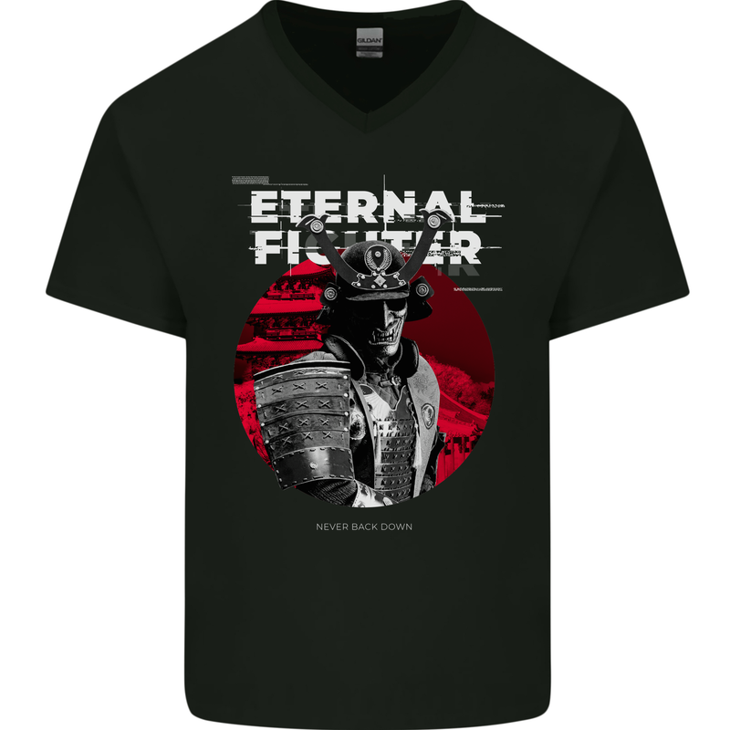 Samurai Fighter Skull MMA Mixed Martial Arts Mens V-Neck Cotton T-Shirt Black