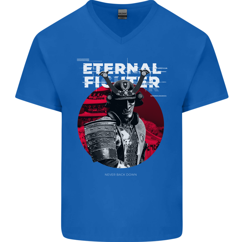 Samurai Fighter Skull MMA Mixed Martial Arts Mens V-Neck Cotton T-Shirt Royal Blue