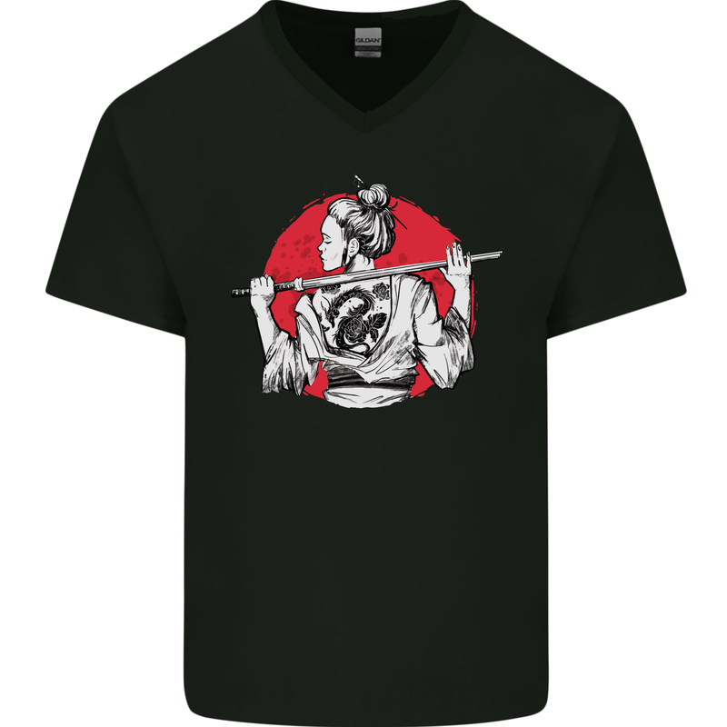 Samurai Tattoo Girl MMA Kenjutsu Kendo Iaido Mens V-Neck Cotton T-Shirt Black