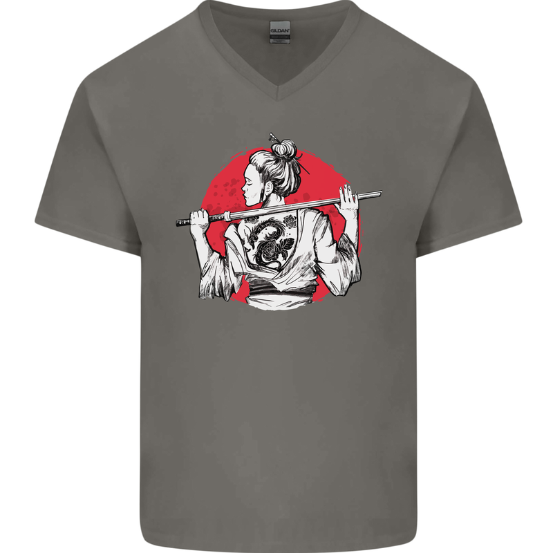Samurai Tattoo Girl MMA Kenjutsu Kendo Iaido Mens V-Neck Cotton T-Shirt Charcoal