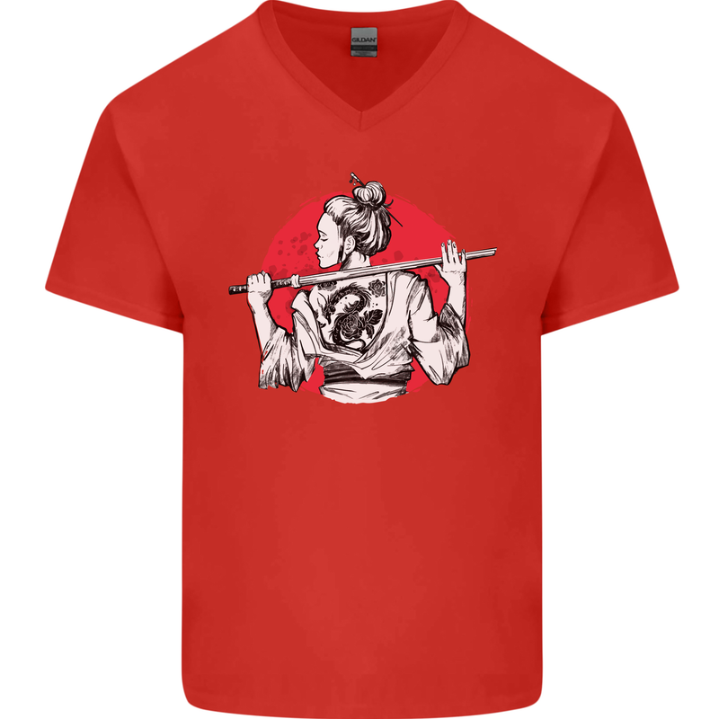 Samurai Tattoo Girl MMA Kenjutsu Kendo Iaido Mens V-Neck Cotton T-Shirt Red