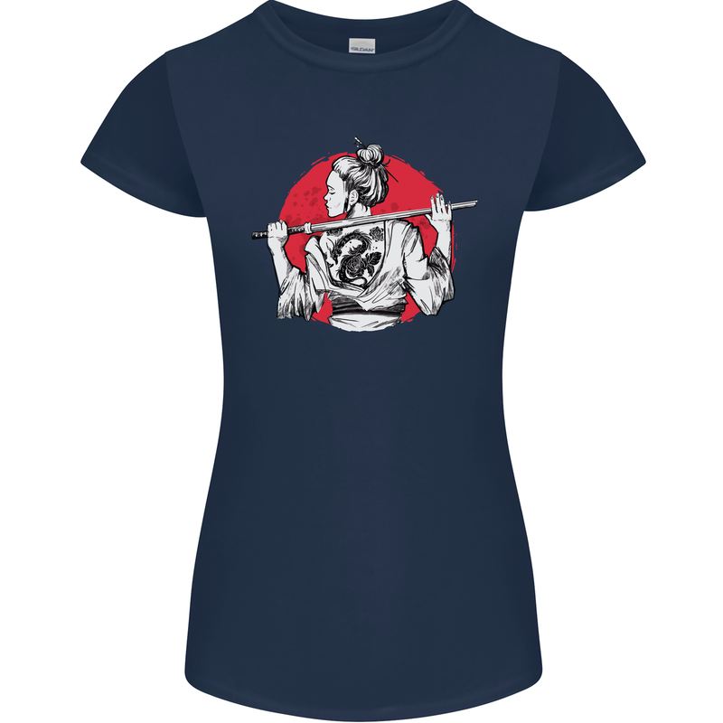 Samurai Tattoo Girl MMA Kenjutsu Kendo Iaido Womens Petite Cut T-Shirt Navy Blue