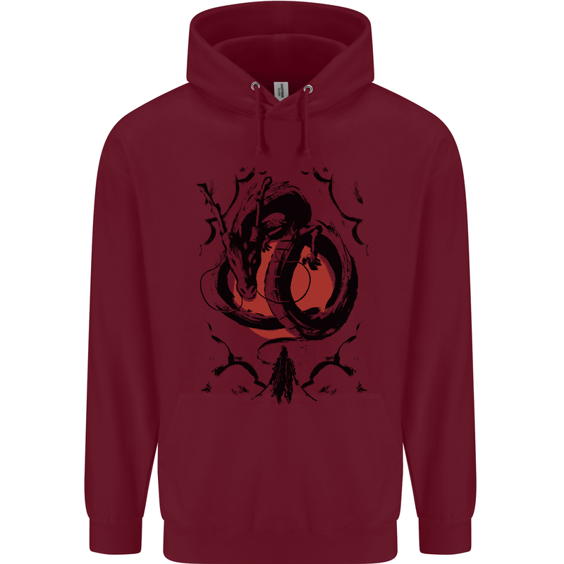 Samurai Warrior Dragon & Sun Fantasy MMA Childrens Kids Hoodie Maroon