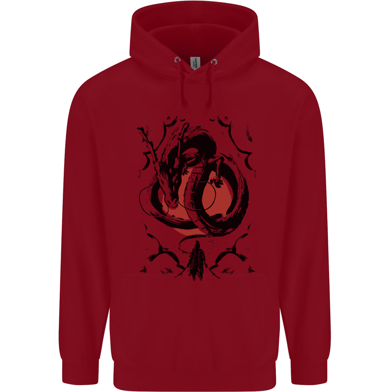 Samurai Warrior Dragon & Sun Fantasy MMA Childrens Kids Hoodie Red