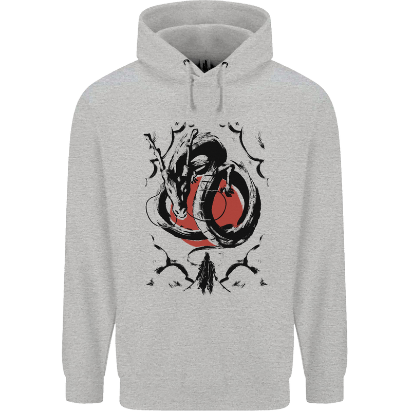 Samurai Warrior Dragon & Sun Fantasy MMA Childrens Kids Hoodie Sports Grey