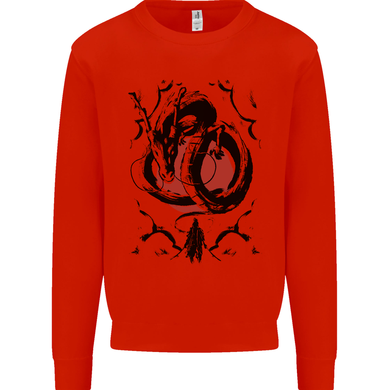 Samurai Warrior Dragon & Sun Fantasy MMA Kids Sweatshirt Jumper Bright Red