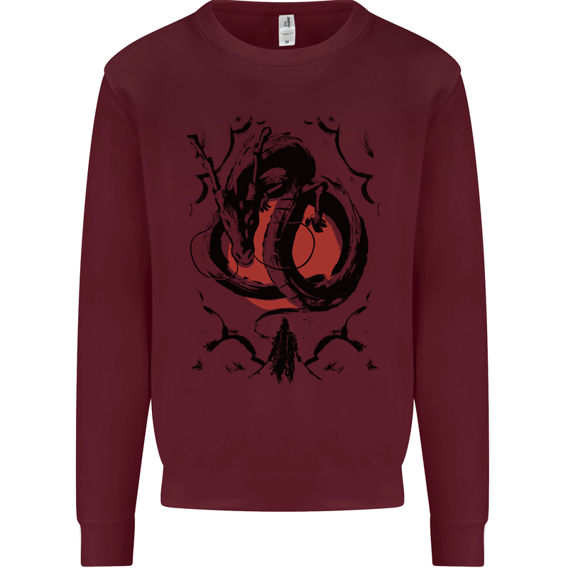Samurai Warrior Dragon & Sun Fantasy MMA Kids Sweatshirt Jumper Maroon