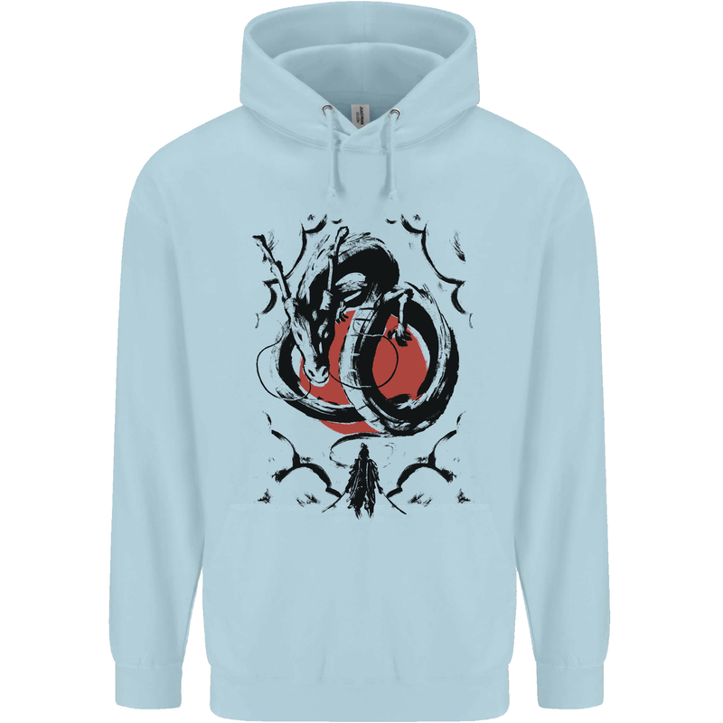 Samurai Warrior Dragon & Sun Fantasy MMA Mens 80% Cotton Hoodie Light Blue